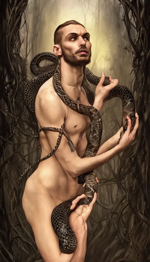 Image similar to portrait of slim snake tamer, with a big snake tattoo around his body, mischievous, expressive pose, peaceful expression, dark gothic dress, fantasy, intricate, dark forest background, highly detailed, digital painting, artstation, concept art, smooth, sharp focus, illustration, art by artgerm and greg rutkowski and alphonse mucha