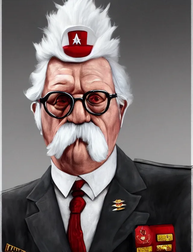 Image similar to a portrait of colonel sanders as a dictator, by moebius and tyler edlin and hr giger, trending on artstation, digital art, 4 k resolution, detailed, high quality, sharp focus, hq artwork, coherent, insane detail, concept art