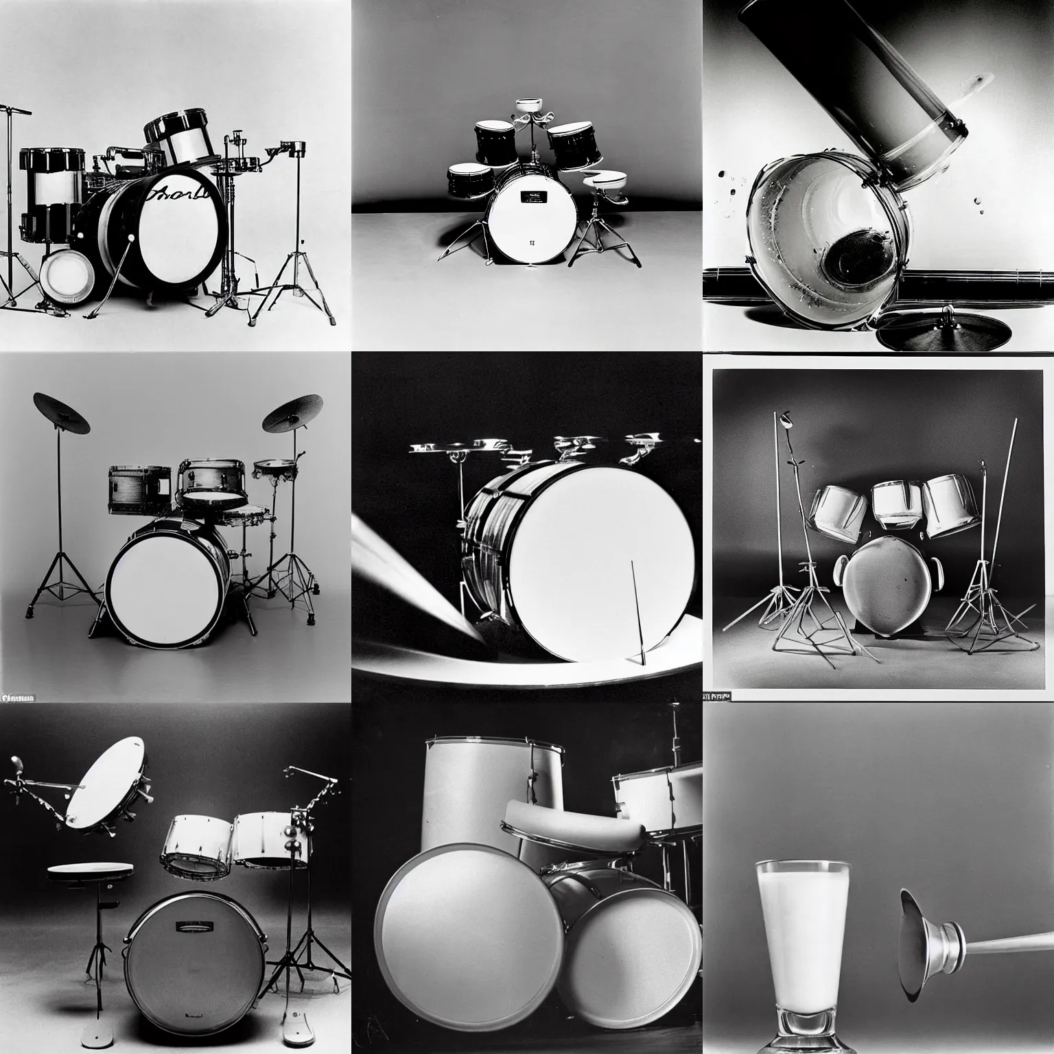 Prompt: Harold Edgerton photograph of a drumset falling into a glass of milk.