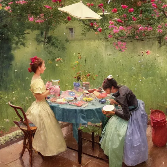 Image similar to a housewife and her daughter putting dishes on a table in the backyard, a tilted parasol sits above the table, a garden with colorful flowers in the background, rainy scene, cozy 1 9 5 0's, medium symmetry, by greg rutkowski, by ilya repin, extreme detail, 8 k, intricate abstract, photorealistic