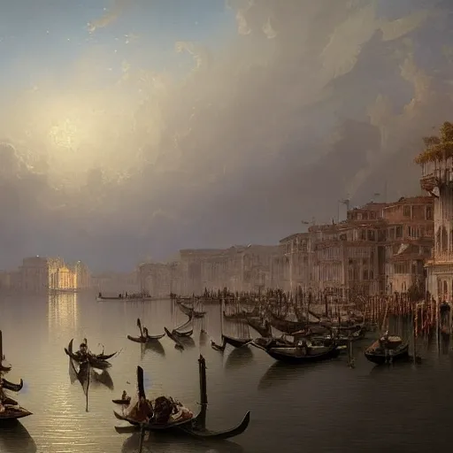 Image similar to a large serene beautiful matte painting of a large venetian harbor upon a calm bay, by asher brown durand and greg rutkowski, featured on artstation