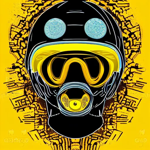 Prompt: helmet lion cyberpunk made of yellow lava and fire in angga tantama and wahyudi ramadhani style, profile portrait, robotic, digital illustration, vector art, drawing