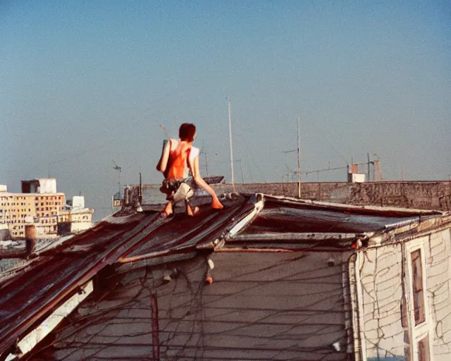 Image similar to lomo photo out of focus of roofjumpers climbing on roof of soviet hrushevka, small town, cinestill, bokeh, out of focus
