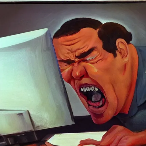 Image similar to an angry man screams at his computer monitor, oil on canvas, 1 9 6 7, highly detailed