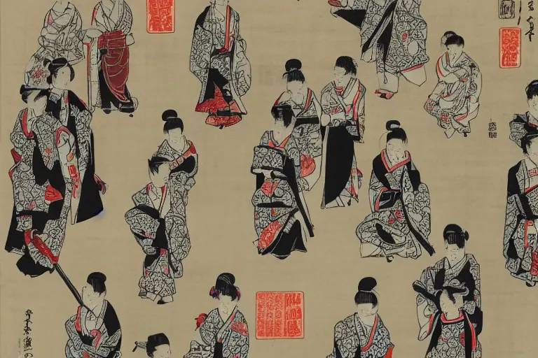 Prompt: geishas walking with umbrellas patterned dresses highly detailed fine wood block print