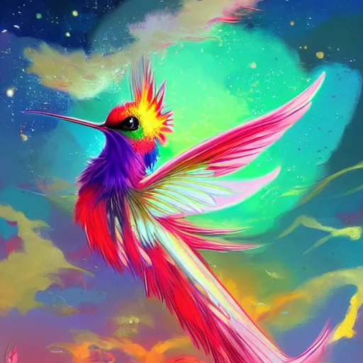 Image similar to anime painting frantic cute hummingbird phoenix phoenix phoenix zipping around, wanting to explore and investigate everything. it\'s curiosity is unbounded and insatiable, digital art, trending on artstation, stylized, colorful feathers, anime art by Kuvshinov Ilya, lariennechan, Aokamei