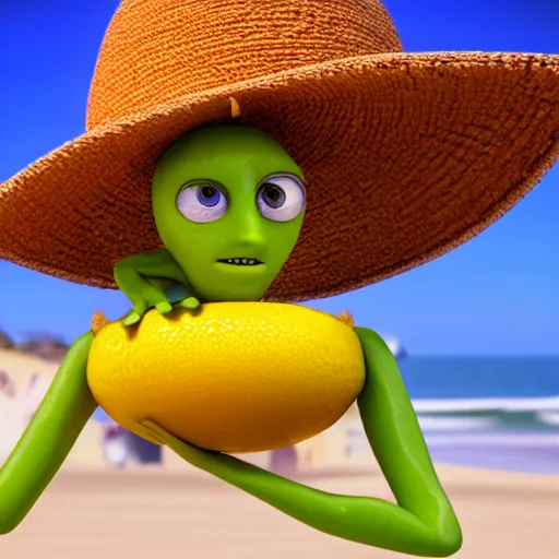 Image similar to 3 d octane render, of a hot anthropomorphic lemon female character inspired by the movie monsters inc, with lemon skin texture, she is wearing a hat, building a sandcastle on the beach at sunset, beach, huge waves, sun, clouds, long violet and green trees, rim light, cinematic photography, professional, sand, sandcastle, volumetric lightening