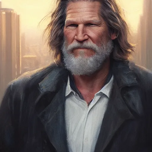 Image similar to closeup portrait of jeff bridges as the dude, dramatic lighting, city background, chiaroscuro, high detail, painted by greg rutkowski, painted by igor kieryluk, painted by bobby chiu, trending on artstation