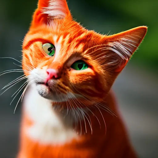 Image similar to a orange colour cat smiling , dlss, HDR, natural lighting , eye level shot, EOS R5, f/2.8, dynamic pose, , award winning photograph, 8k,