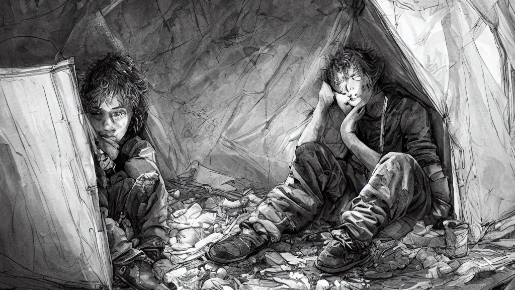 Prompt: an illustration of a sick teenage kid sitting in the door of his messy tent, with his hands in his hair, waste everywhere, high contrast, highly detailed, sharp focus, digital painting, illustration, trending on artstation,