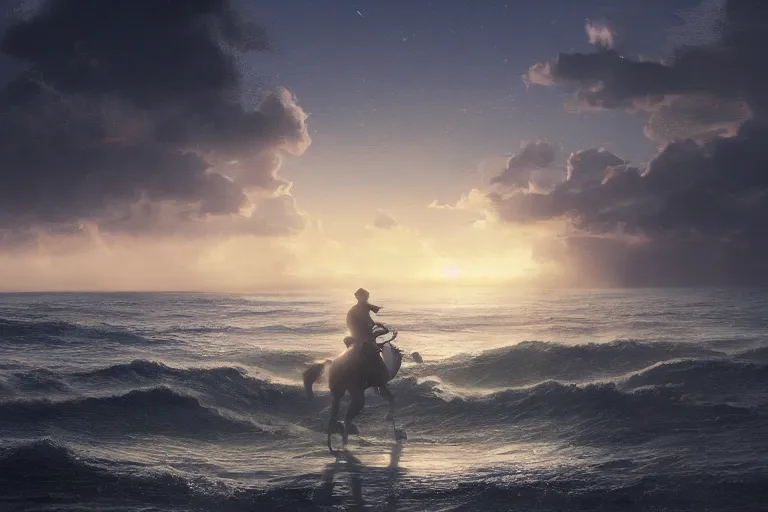 Image similar to photo of man riding a horse along the beach, glowing underwater waves toward a lighthouse in the distance guiding his way, silhouette, wide horizon, large white clouds, night, intricate, elegant, highly detailed, digital painting, artstation, concept art, smooth, sharp focus, illustration, art by artgerm and greg rutkowski and fra angelico