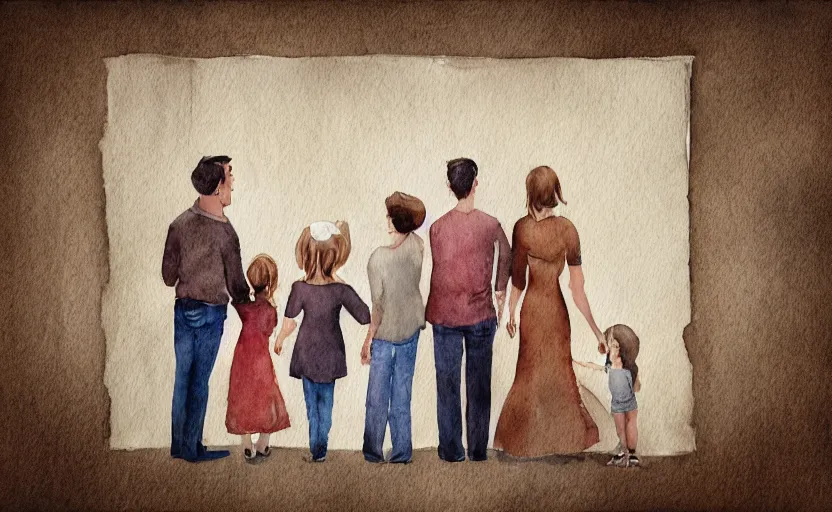 Image similar to storybook illustration of family portraits hanging on a wall, watercolor, sepia tints