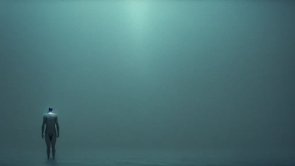 Image similar to the glowing human on the bottom of the ocean, film still from the movie directed by Denis Villeneuve with art direction by Zdzisław Beksiński, wide lens