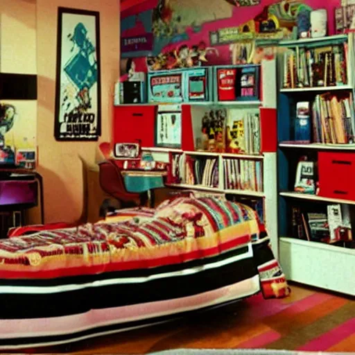 Image similar to 1990s Hi-8 footage of a nostalgic room decorated in Pop culture from the 1990s, nostalgic, vintage