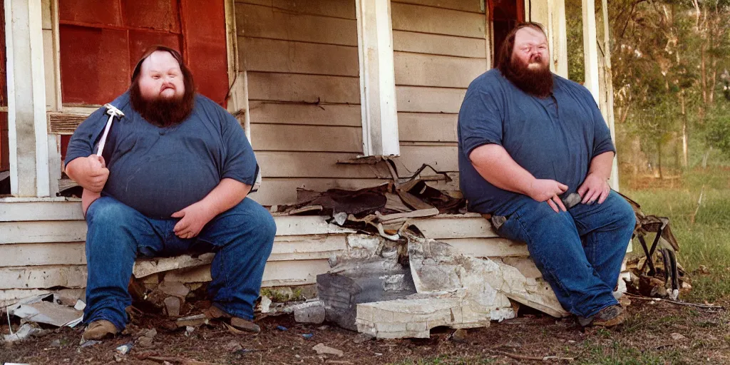 Image similar to close up portrait of fat redneck man sitting on front porch of dilapidated house, kodak gold 2 0 0,