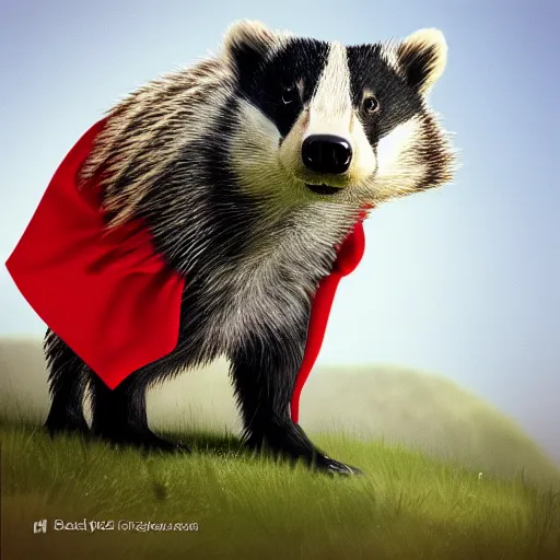 Image similar to a friendly badger walking towards the camera, he‘s wearing a red neckerchief, white background, clean digital render