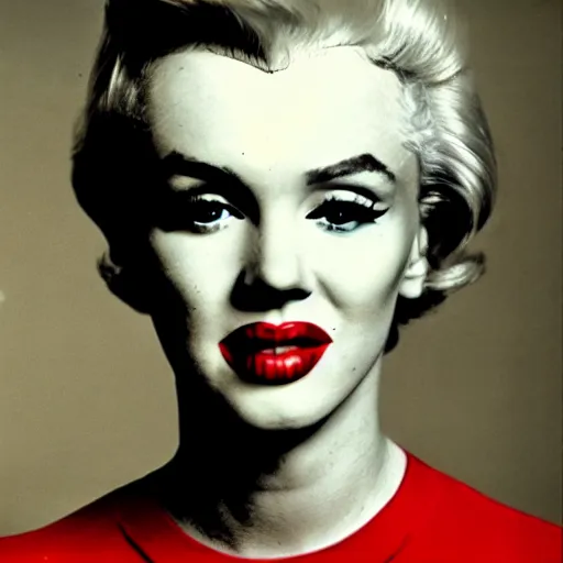 Image similar to a person who is a genetic combination of andy warhol and marilyn monroe, face and upper - body focus, detailed eyes, androgynous, photograph taken in 1 9 6 5, award winning photograph