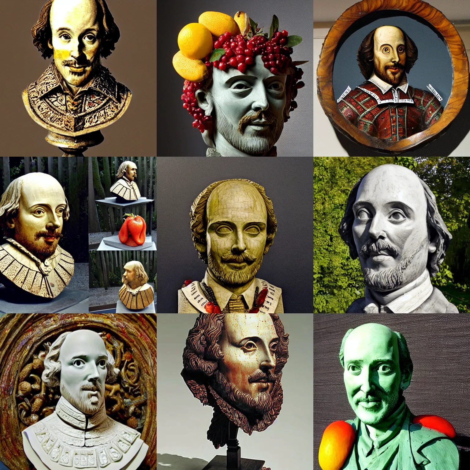 Prompt: sculpture of william shakespear made from fruit pieces