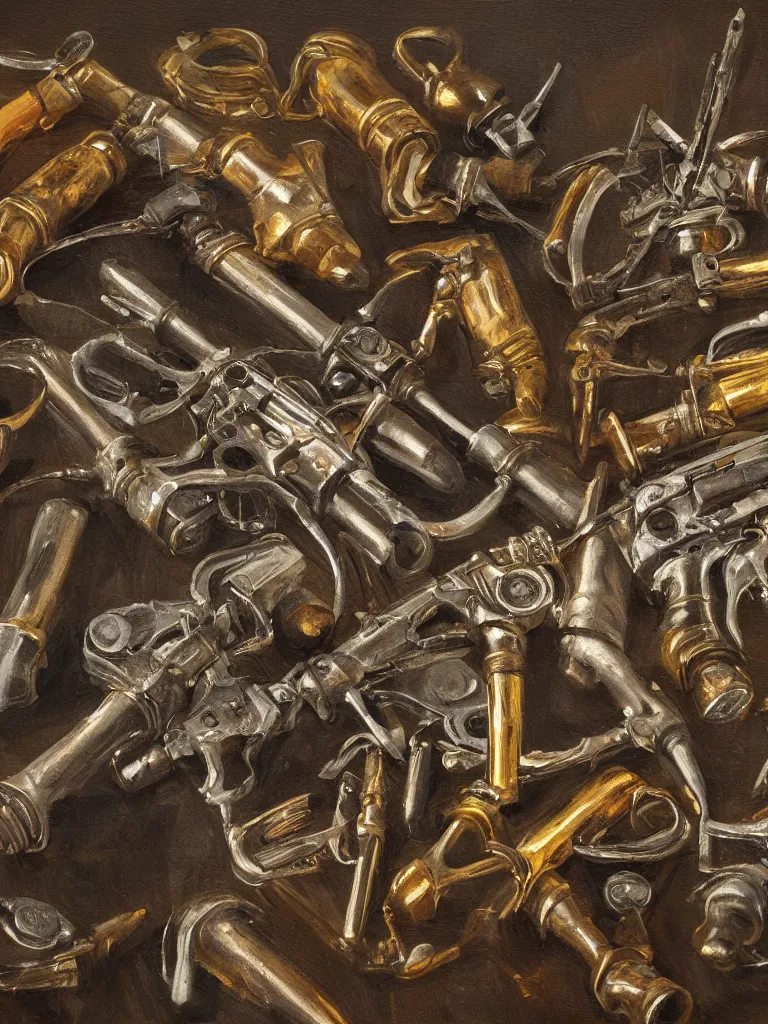 Prompt: oil painting of revolvers and bullets on a wall, ultrarealistic, intricate details, 4k