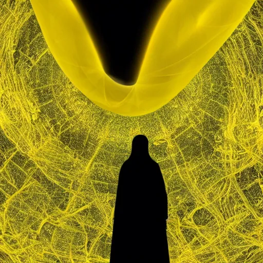 Image similar to award - winning. trending on artstation. 4 k. eerie tone. a figure wearing a layered yellow coat standing in front of a fractal representation of a glowing black hole in space. dark background. full - body. medieval. 4 k.