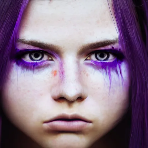 Image similar to detailed photo portrait of a furious teen girl with thin, hair-like purple tentacles on her head and bright purple eyes, 8k, trending on DeviantArt, face enhance,hyper detailed ,full of colour, dramatic lightning