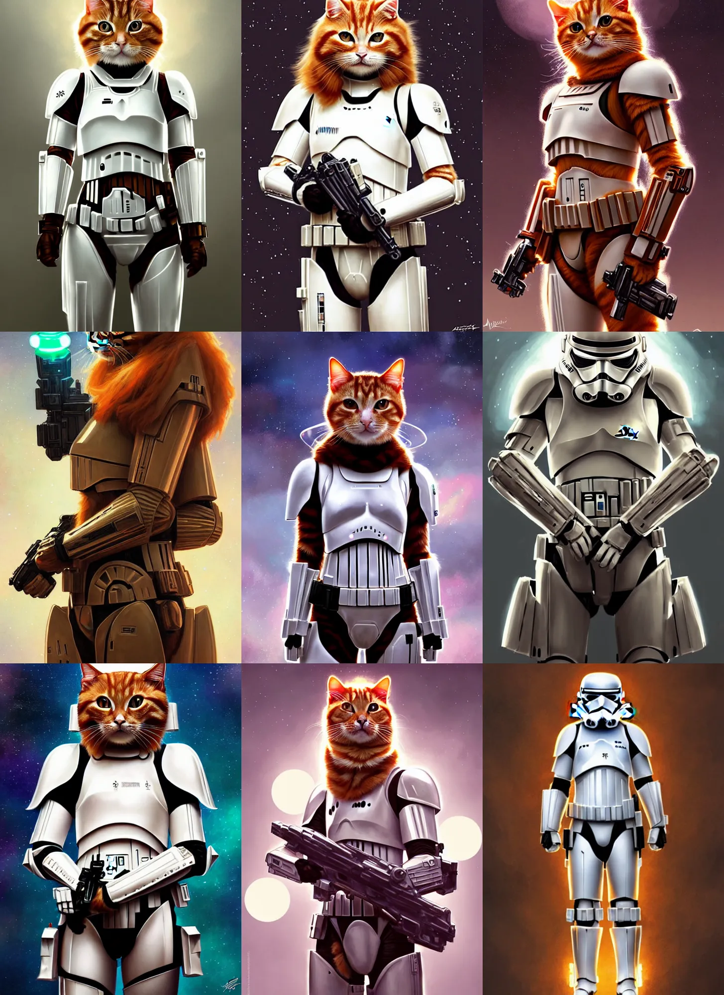 Prompt: a cute ginger cat in stormtrooper armour, star wars, beautiful glowing lights, sci - fi, stunning, intricate, elegant. highly detailed, digital painting. artstation. smooth. sharp focus. illustration. art by artgerm and greg rutkowski and alphonse mucha
