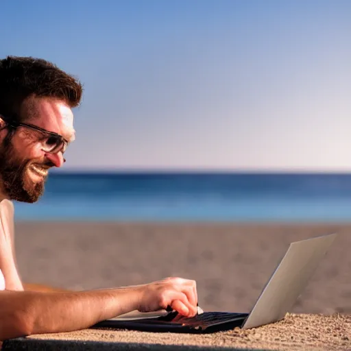 Image similar to photo of happy man working on laptop at beach, perfect face, fine details, 4 k, bokeh