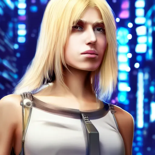 Image similar to panorama of a pretty blond cyberpunk seraphim in a machine city, perfect symmetrical face, cute face, 8 k, shallow depth of field, 8 k, ultra high detail, concept art, w 1 0 2 4