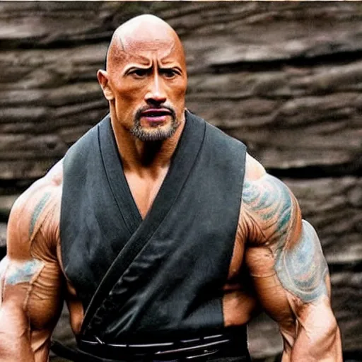 Prompt: Dwayne Johnson as Edo samurai , wearing kimono