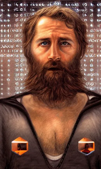 Image similar to cinematic dramatic movie poster of a short beard hypnotist, made of binary numbers and programming code, by peter gric, very artistic, artstation