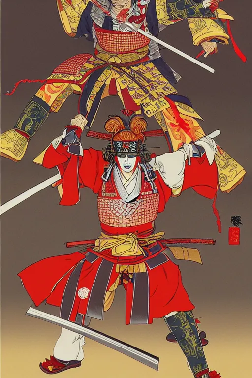 Image similar to poster of ronald mcdonald as a samurai, wearing sengoku - era shogunate armor and helmet, by yoichi hatakenaka, masamune shirow, josan gonzales and dan mumford, ayami kojima, takato yamamoto, barclay shaw, karol bak, yukito kishiro