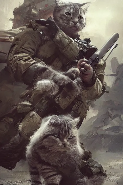 Image similar to a sodier with a head of a british longhair cat in the war, epic scene, by nick silva and ross tran and ruan jia