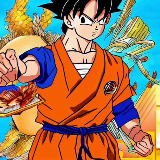 Image similar to Son Goku, dining at a fancy seafood restaurant, Akira Toriyama art, lovely background