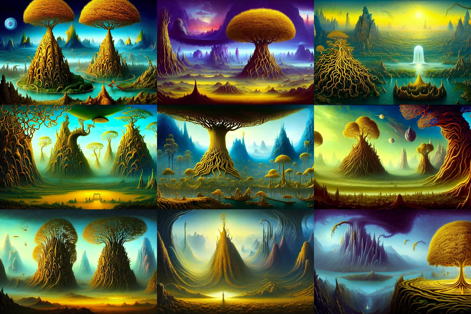 Prompt: a beautiful epic stunning amazing and insanely detailed matte painting on canvas of alien dream worlds with surreal landscape designed by Heironymous Bosch, behold the great golden tree Glasir at the gates of Valhalla, mega structures inspired by Heironymous Bosch's Garden of Earthly Delights, vast surreal landscape and horizon by Asher Durand and Cyril Rolando and Andrew Ferez, masterpiece!!, grand!, imaginative!!!, whimsical!!, epic scale, intricate details, sense of awe, elite, wonder, insanely complex, masterful composition, sharp focus, rich bold contrasting colors