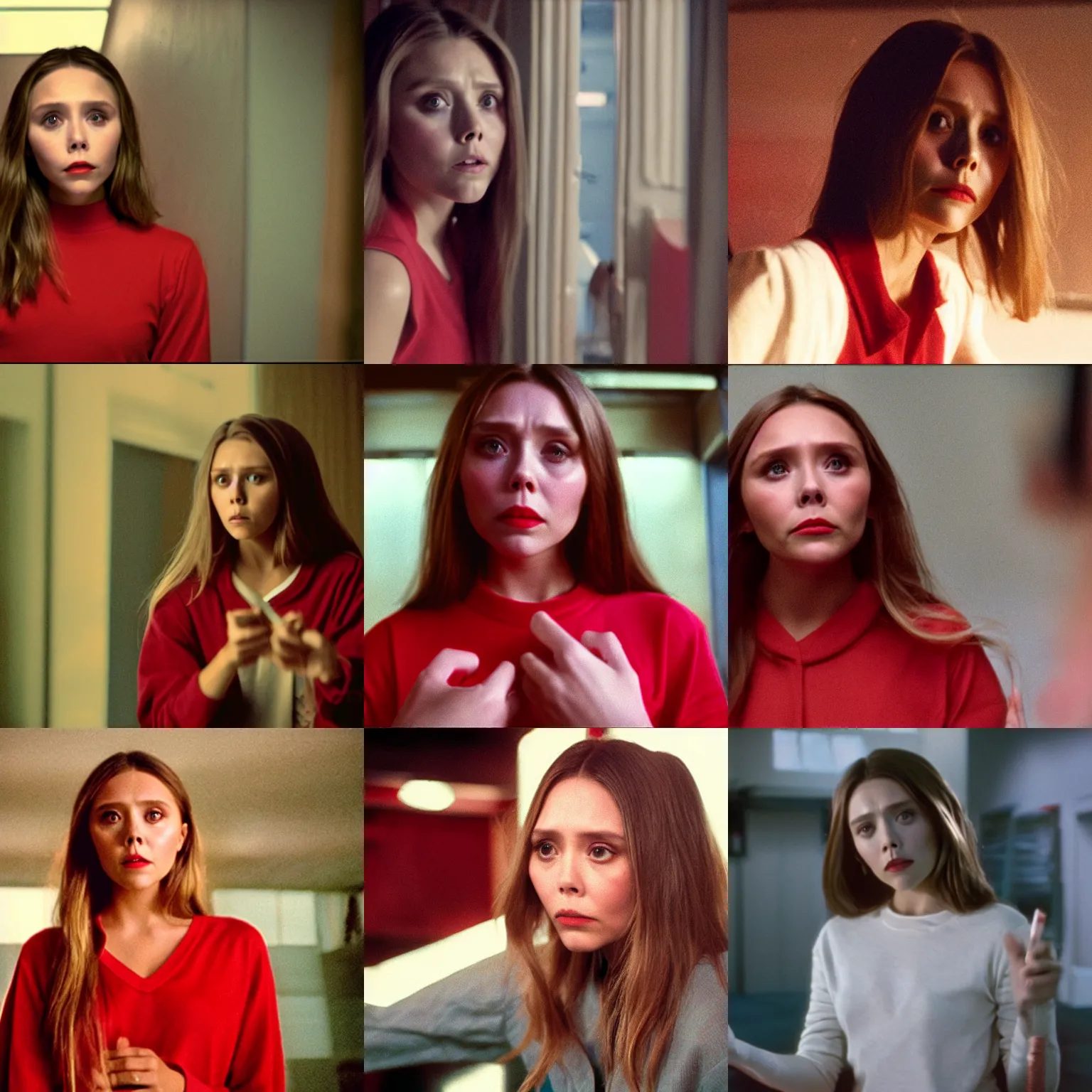 Image similar to Elizabeth olsen angry and pointing with red shirt acting, backrooms, cinematic shot, cinestill 800 t