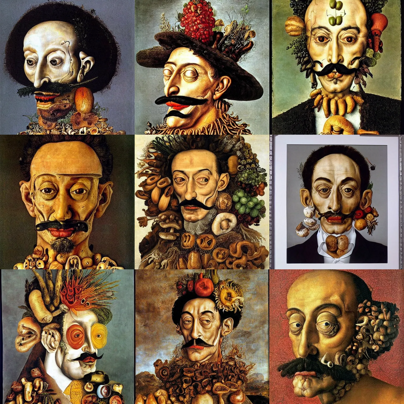 Prompt: giuseppe arcimboldo's portrait of salvador dali made out of mushrooms