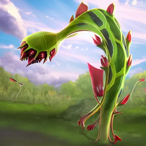 Image similar to a pokemon that looks like a dionaea muscipula, digital art, unreal engine.