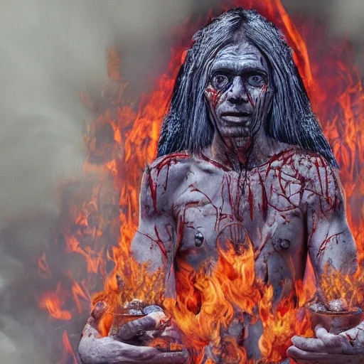Image similar to a photorealistic of a terrible horrific shaman in a ritual of fire destruction death and incense, a strong pain appears in the belly and goes into a trance