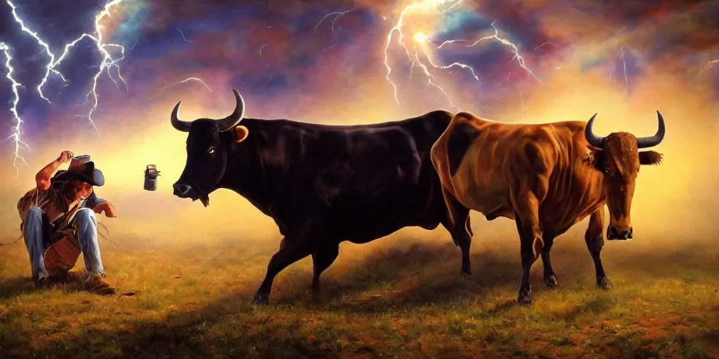 Prompt: Mark Magiori oil painting of a cowboy watching a bull get abducted by aliens, supercell thunder cloud, extremely beautiful, amazing painting, HD, 8K, very detailed, photorealistic, hyperrealism