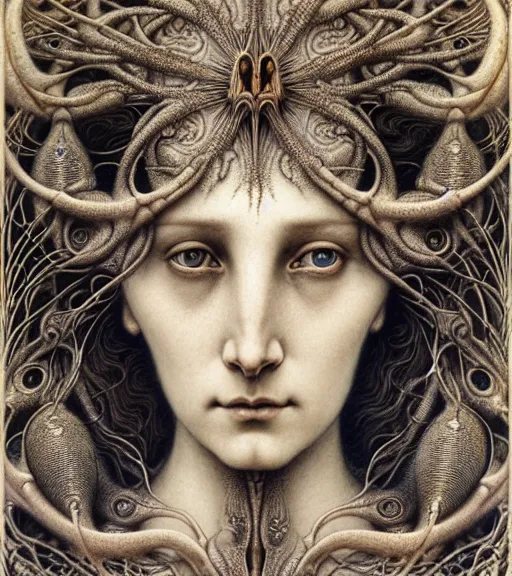 Image similar to detailed realistic beautiful bone goddess face portrait by jean delville, gustave dore, iris van herpen and marco mazzoni, art forms of nature by ernst haeckel, art nouveau, symbolist, visionary, gothic, neo - gothic, pre - raphaelite, fractal lace, intricate alien botanicals, biodiversity, surreality, hyperdetailed ultrasharp octane render