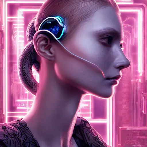 Prompt: the portrait of an absurdly beautiful, graceful, sophisticated, fashionable cyberpunk gravure idol, an ultrafine hyperdetailed illustration by kim jung gi, irakli nadar, matt wisniewski, intricate linework, neon wiring, porcelain skin, futuristic headset, unreal engine 5 highly rendered, global illumination, radiant light, detailed and intricate environment