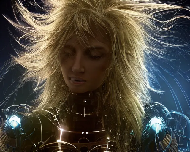 Image similar to glowing hair, complex cybernetic beings, beautiful hairy humanoids, cybermagnetosphere, cybernetic civilizations, ornate hair, love, joy, vortexes, large arrays, data holograms, 8 k, cinematic light shadows, wet hdr refractions, *, * * *, * * * * *