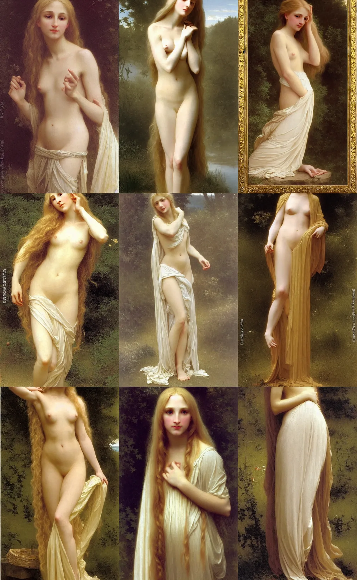 Prompt: white girl slender elegant with long blond hair, golden cloth, bouguereau