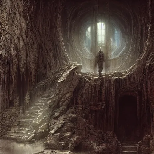 Prompt: lost and alone in a vast underground ancient stone temple by gustave dore and gustave moreau and beksinski and giger and craig mullins and jeremy _ mann