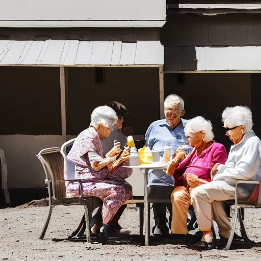 Prompt: an group of elderly people on the surface of the moon, 🌕, 🍦, eating ice - cream, canon eos r 3, f / 1. 4, iso 2 0 0, 1 / 1 6 0 s, 8 k, raw, unedited, symmetrical balance, wide angle