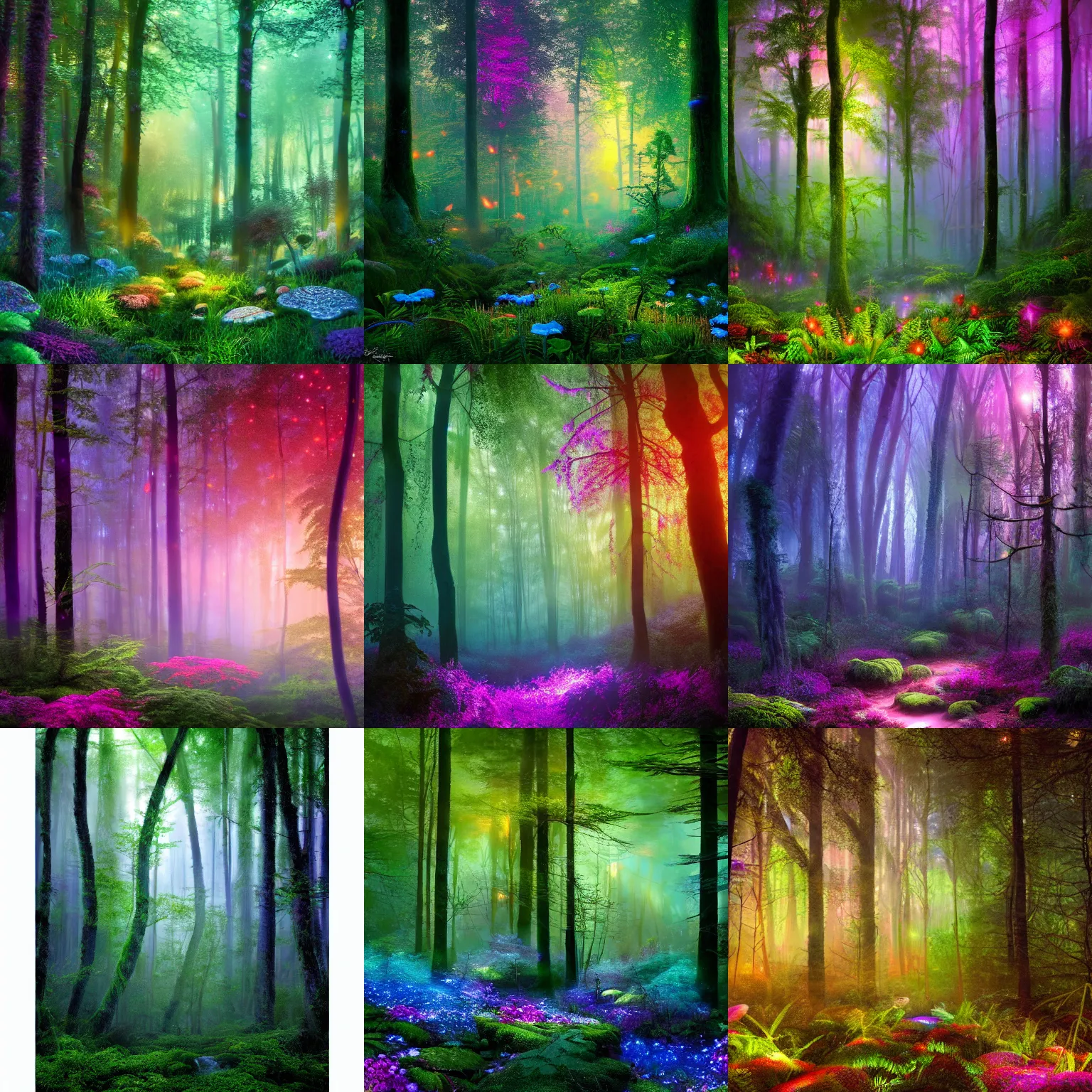 Prompt: photograph of a dense mystic forest, colored flowers, mystic hues, breathtaking lights shining, psychedelic fern, tyndall effect, fireflies, dense forest, foggy, 4k, Acid Pixie, by thomas kinkade