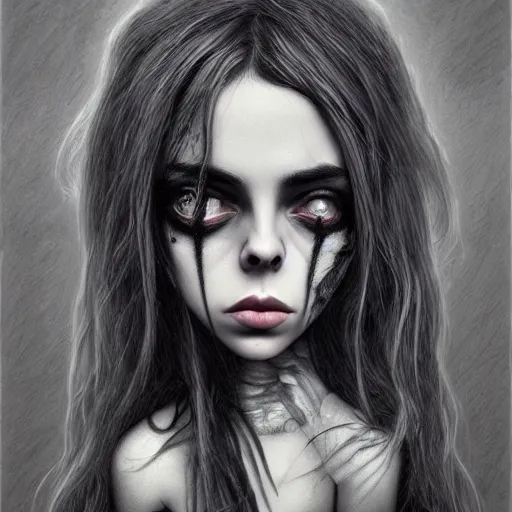 Prompt: michael karcz grunge drawing of billie eilish. , in the style of corpse bride, loony toons style, horror themed, detailed, elegant, intricate, trending on artstation, 4k