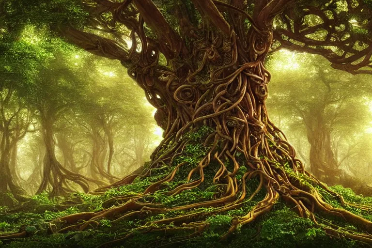 Prompt: a beautiful and highly detailed digital painting of a celtic elven tree in a lush forest, psychedelic, trees and plants and flowers, celtic knotted tree roots and branches, intricate details, epic scale, 8 k, sharp focus, photorealism, artstation, cgsociety, by caspar friedrich, albert bierstadt, james gurney, brian froud,