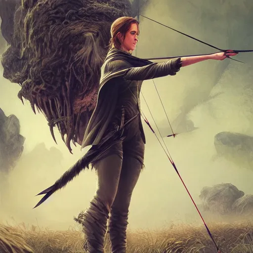 Image similar to portait of a emma watson archer shooting arrow at forest monster, front game card, drark, marvel comics, dark, intricate, highly detailed, smooth, artstation, digital illustration by ruan jia and mandy jurgens and artgerm and wayne barlowe and greg rutkowski and zdislav beksinski