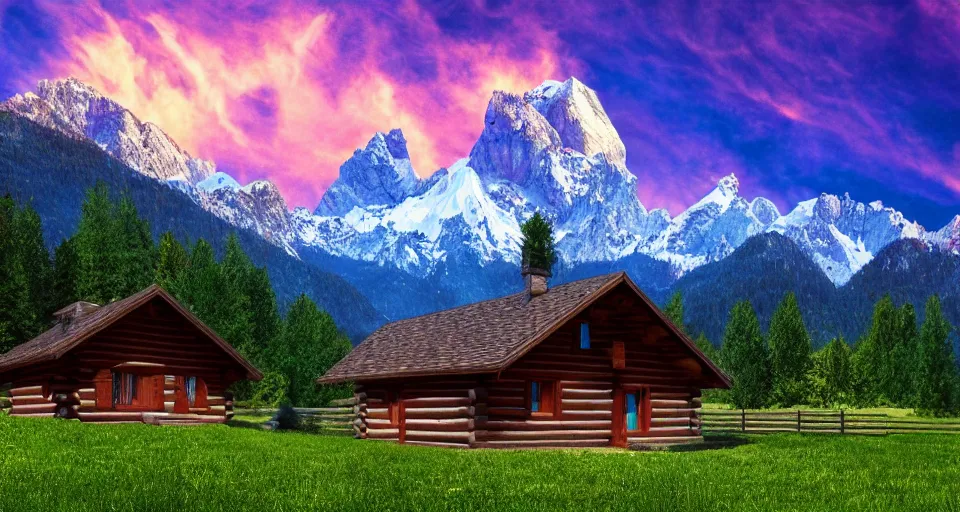 Prompt: log cabin beneath the alps, vaporwave, 4 k